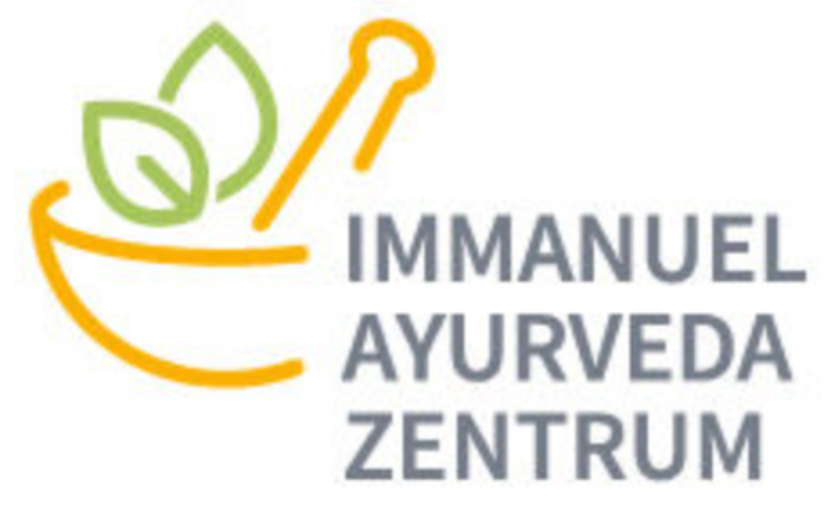 Das grafische Logo des Immanuel Ayurveda Zentrums Berlin bestehend aus dem Namen, einer Mörserschale und zwei Blättern