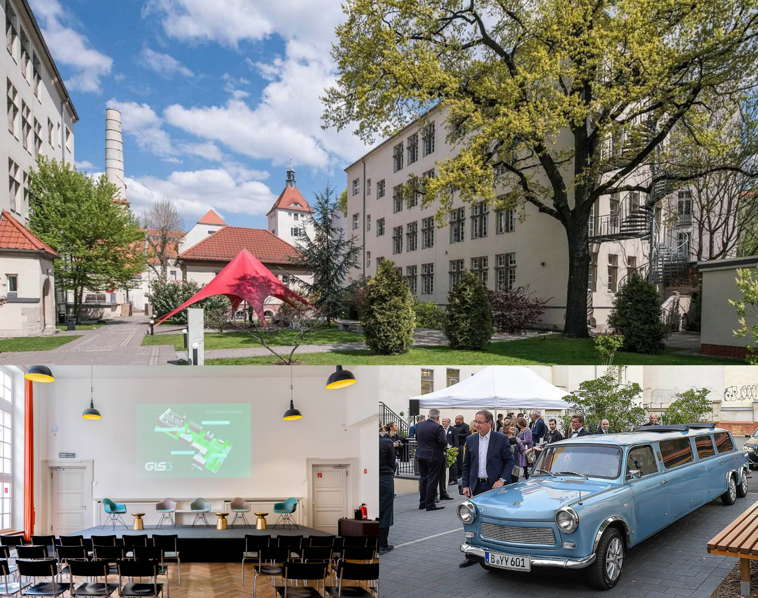Eine Collage aus drei Bildern: Oben Ansicht Innenhof GLS Campus, darunter nebeneinander die Aule des GLS Campus als Konferenzraum und eine Trabbi-Limousine, die den "Berliner Flair" zeigt