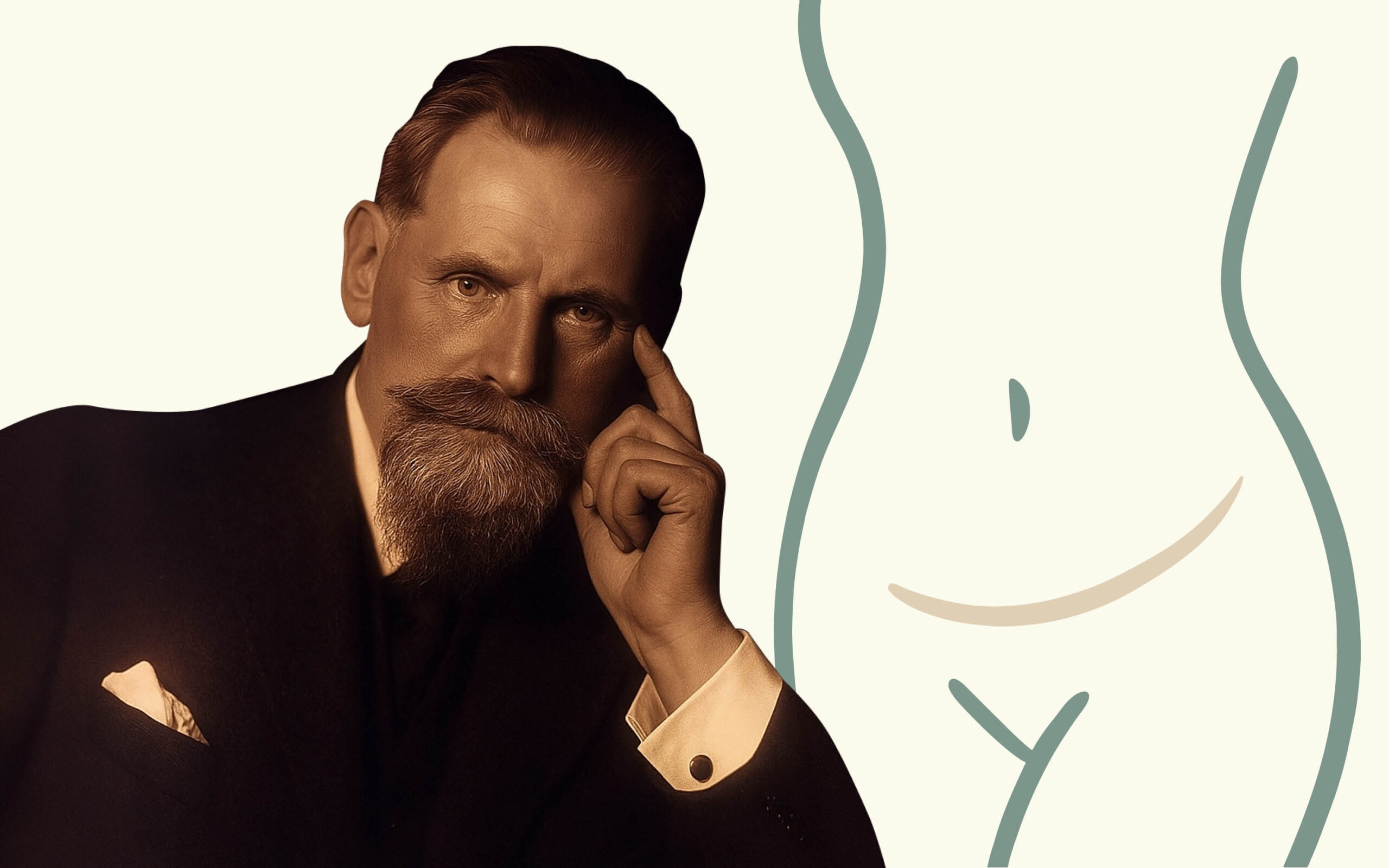 F.X.Mayr_Ayurveda_Titelbild_Blogbeitrag Das Portrait von F.X. Mayr im Vordergrund und Bauch-Silhouette im Hintergrund als inhaltlicher Bezug zum Thema Verdauung