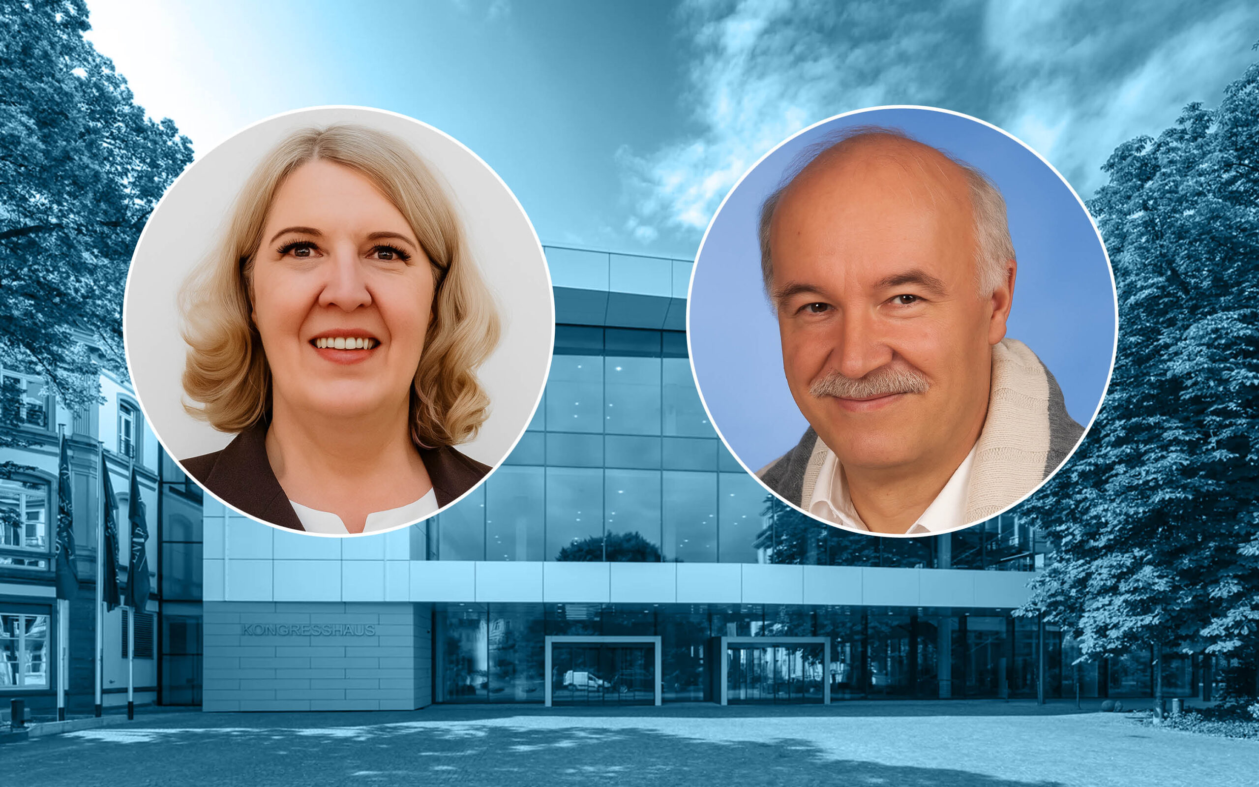 Portraitbilder von Dr. Repman und Dr. Kossatz vor dem Kongressgebäude der Medizinischen Woche in Baden-Baden